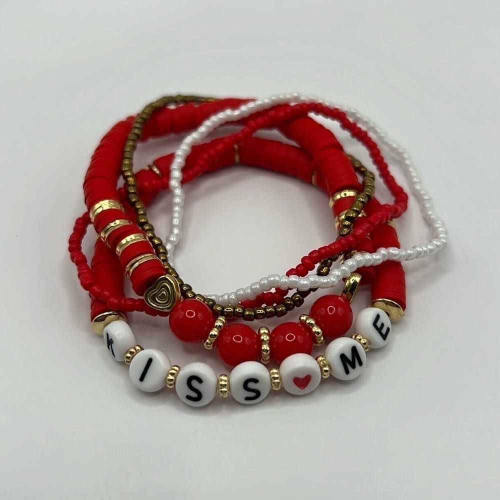 5PC Kiss Me Red and Gold Bracelet Stack